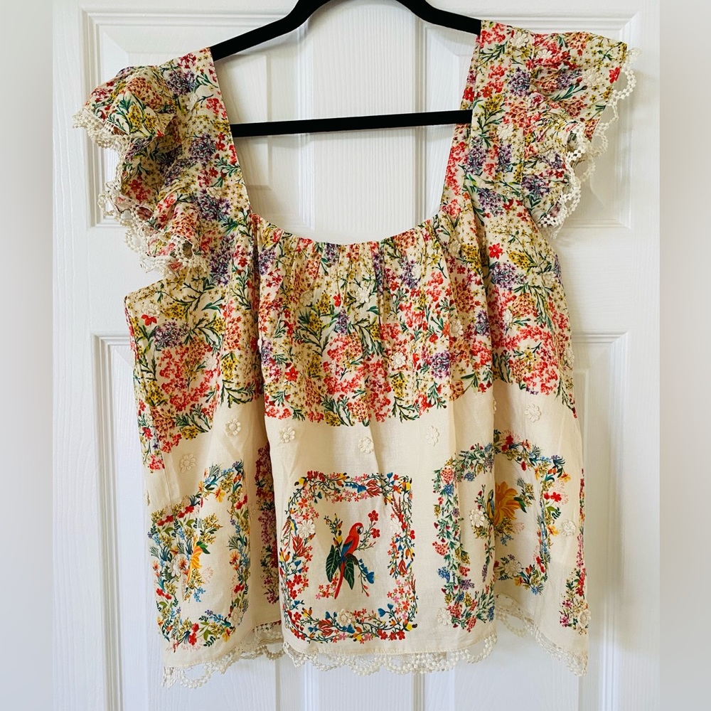 Farm Rio Delicate Forest Scarves Blouse NWT